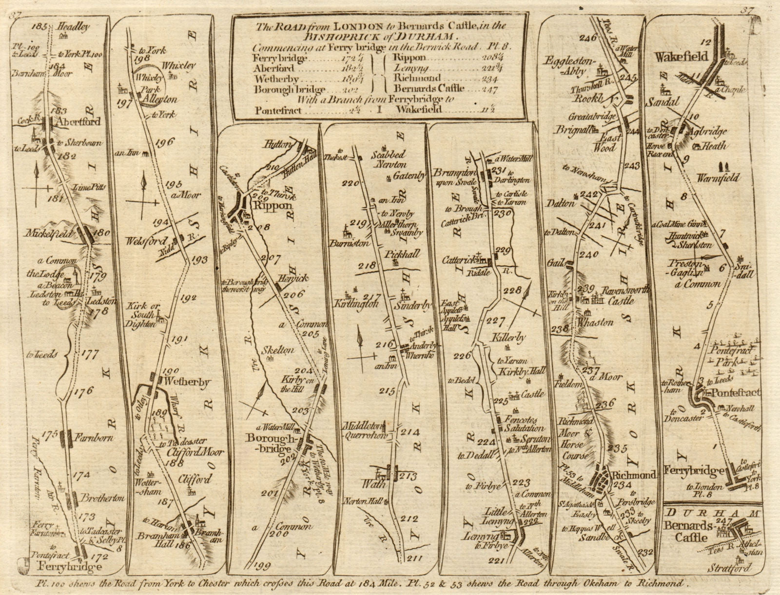 Wetherby Ripon Richmond Pontefract Wakefield. KITCHIN road map 1767 old